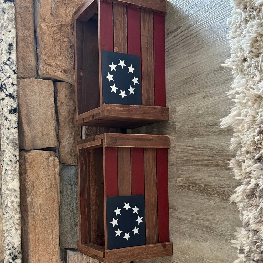 New 2 Rustic American Flag storage wood crates USA Patriotic storage boxes